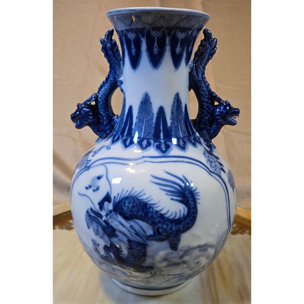 Vintage Chinese Blue White Porcelain Dragon Phoenix Vase Dragon Handles 10"